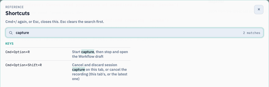 The Shortcuts dialog filtered to session capture