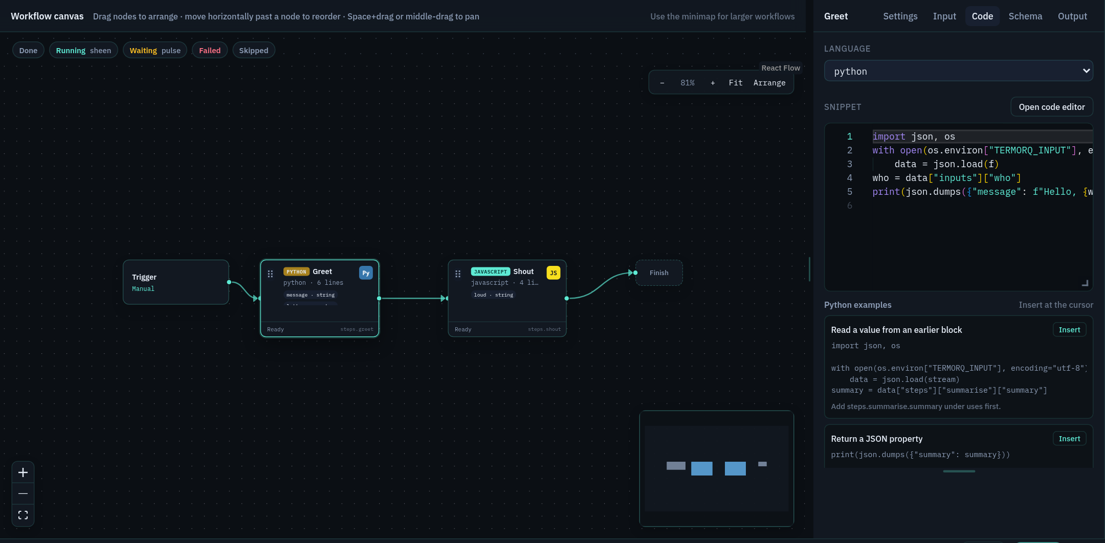 Canvas with Trigger, Greet, and Shout blocks, and the Code tab of the properties inspector