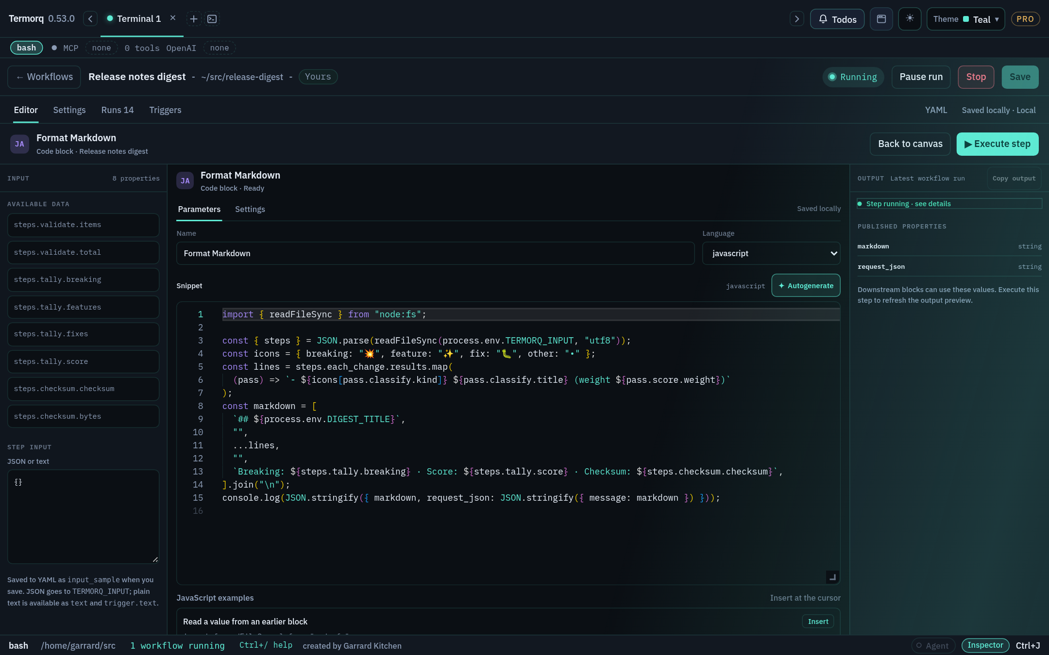 Code editor: upstream data on the left, parameters and snippet in the centre, output on the right. Browser preview with sample data. Code node editor with sample input, parameters, and output panels