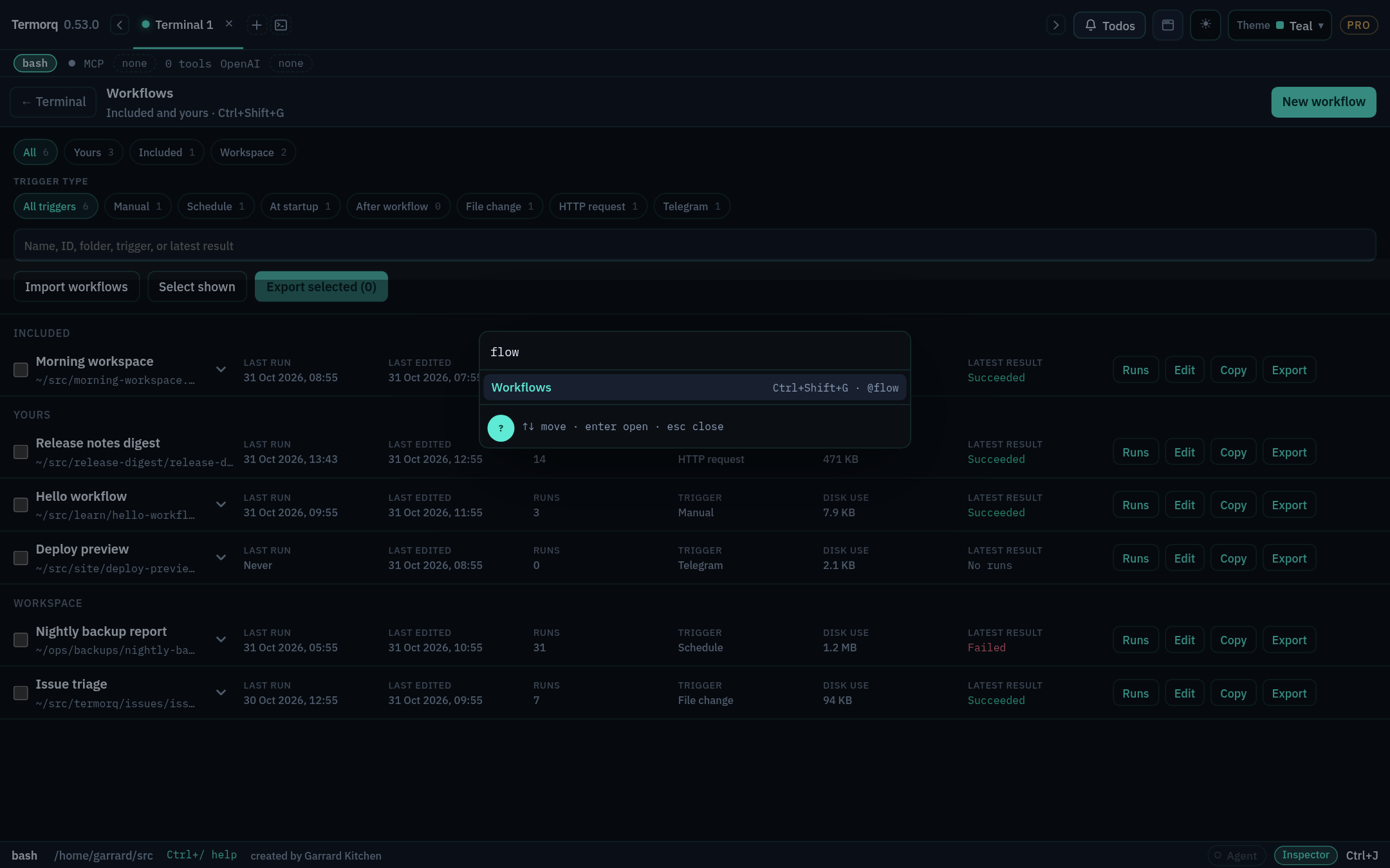 Workflows in the jump list