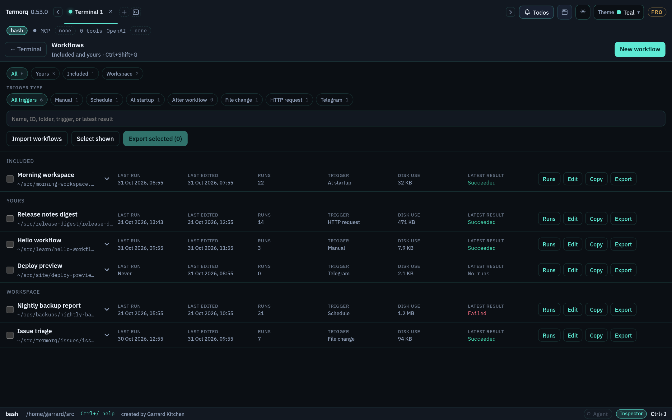 Workflow list with trigger filters, multi-select export, and row actions