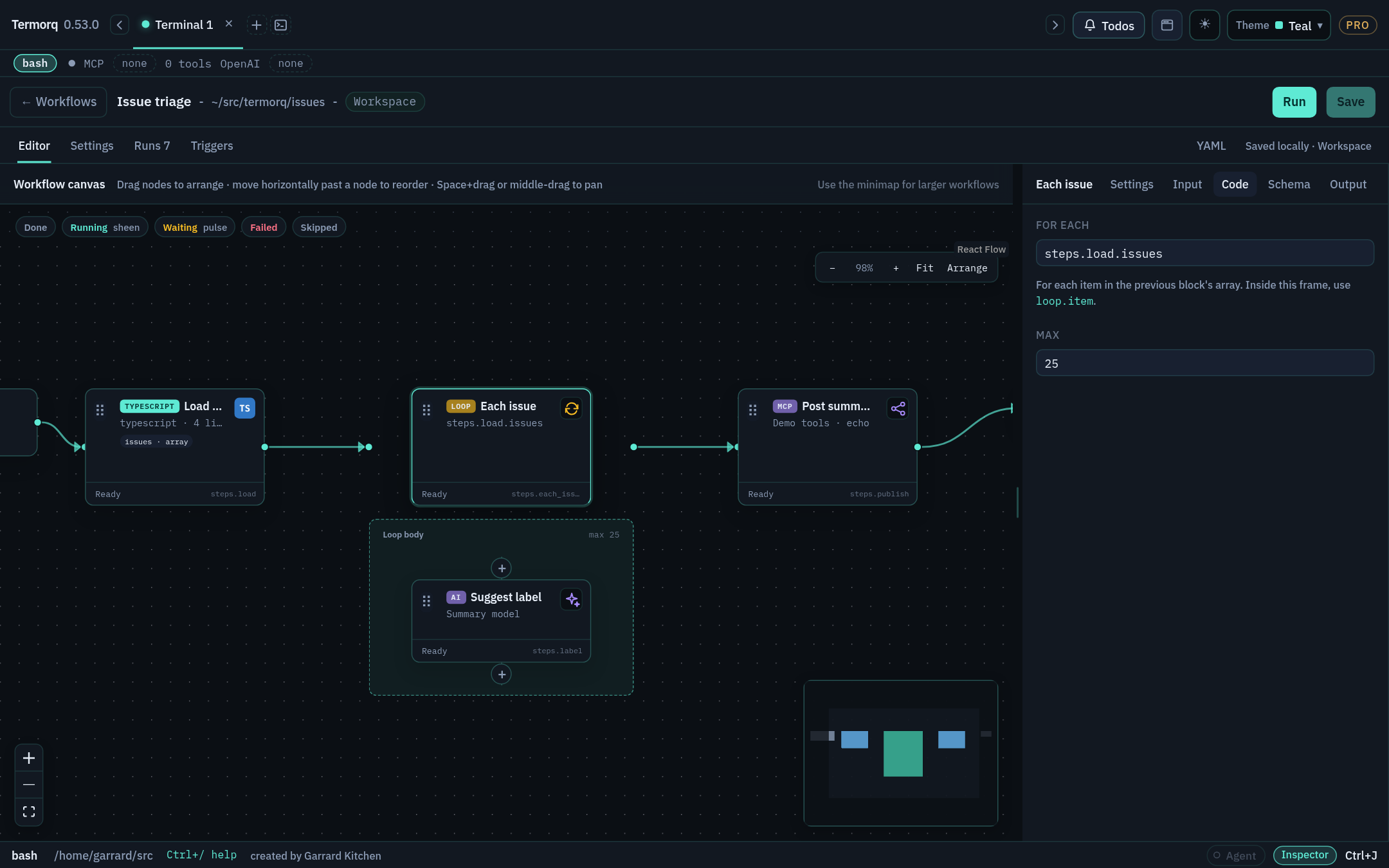 Loop “Each issue” with a nested AI block in its Loop body frame, and For each and Max in the inspector