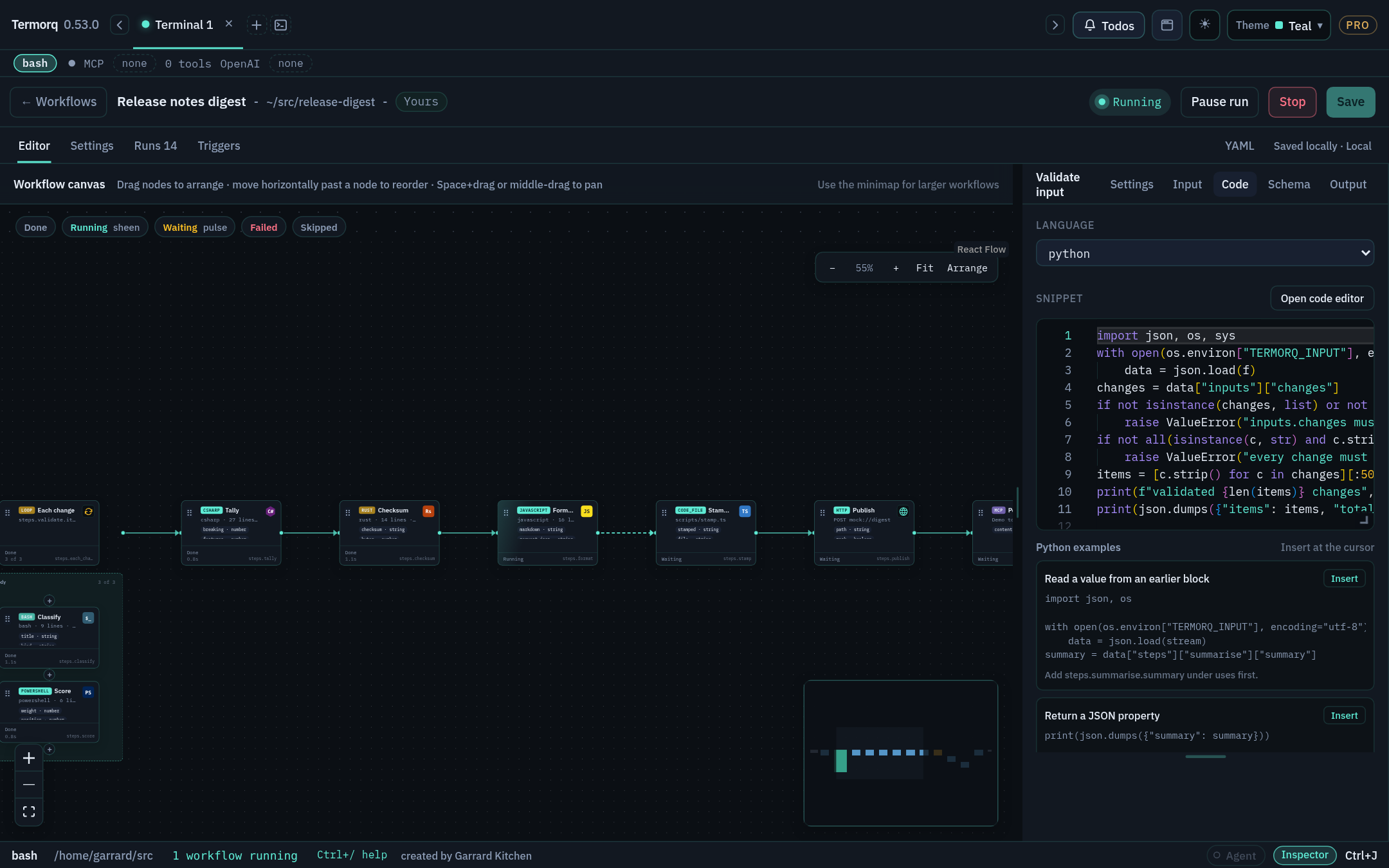 A run in progress: finished blocks marked Done, Format Markdown running, and later blocks waiting