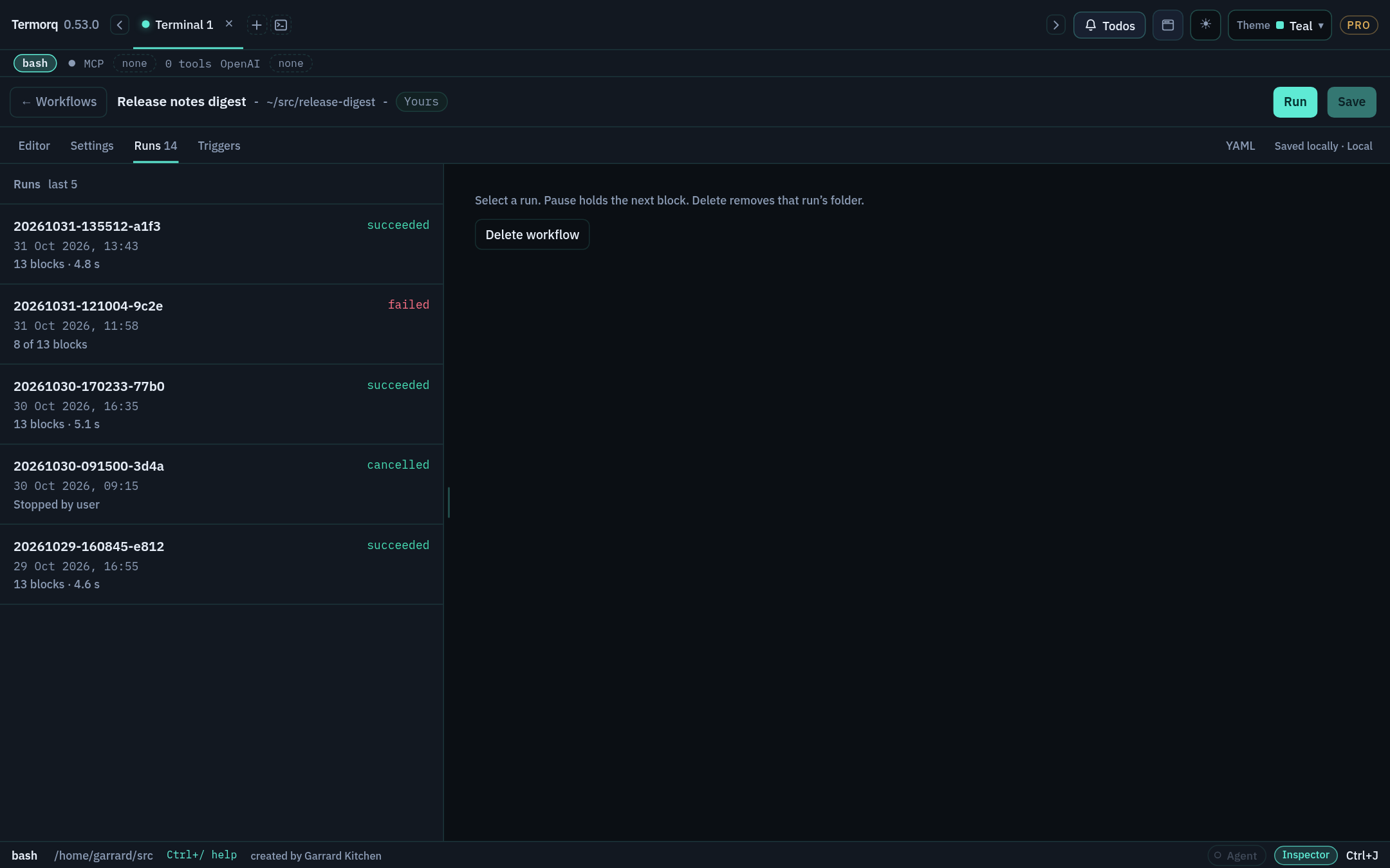 Runs tab listing succeeded, failed, and cancelled runs with their start times and summaries