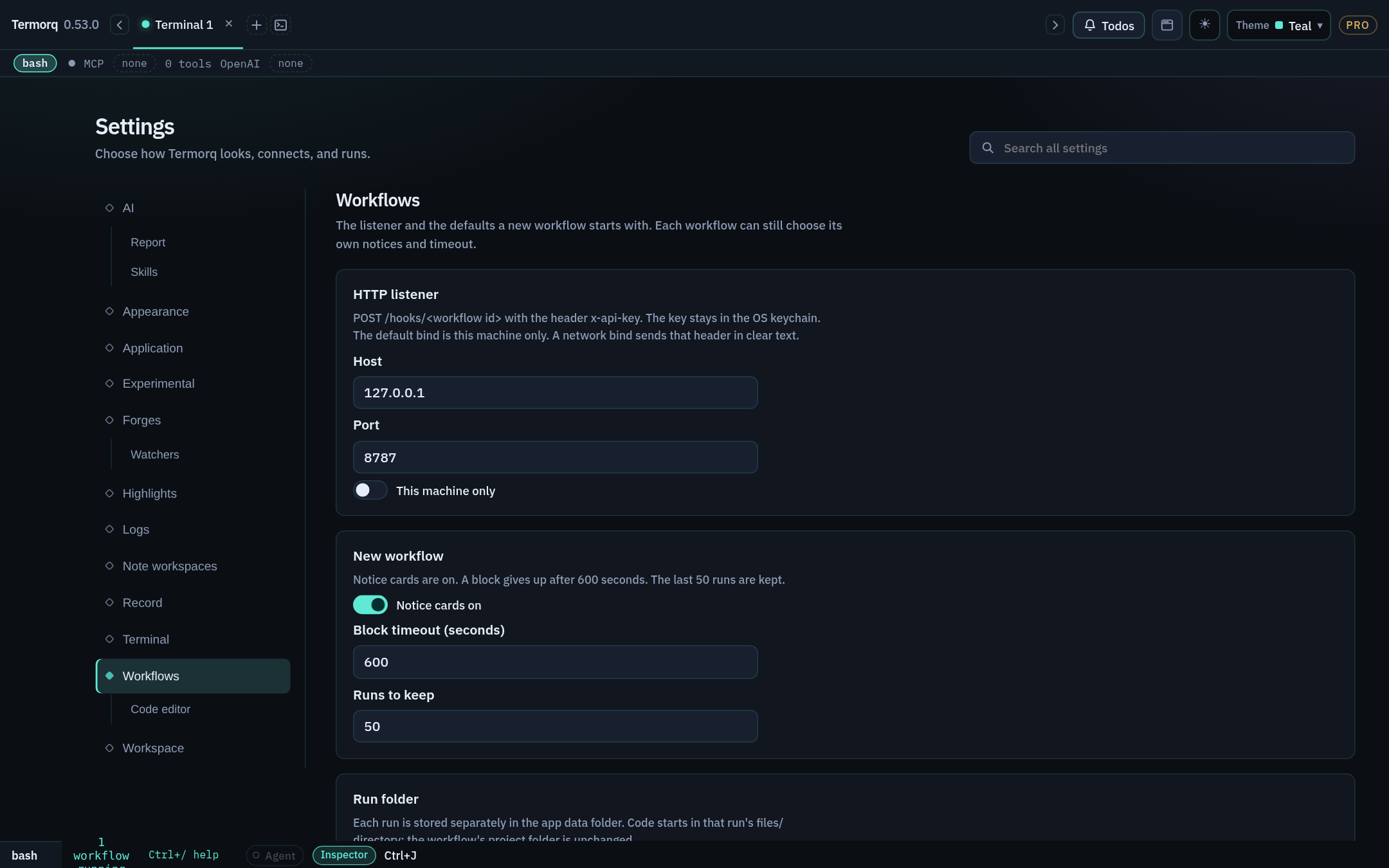 Settings filtered to workflow, with the listener defaults