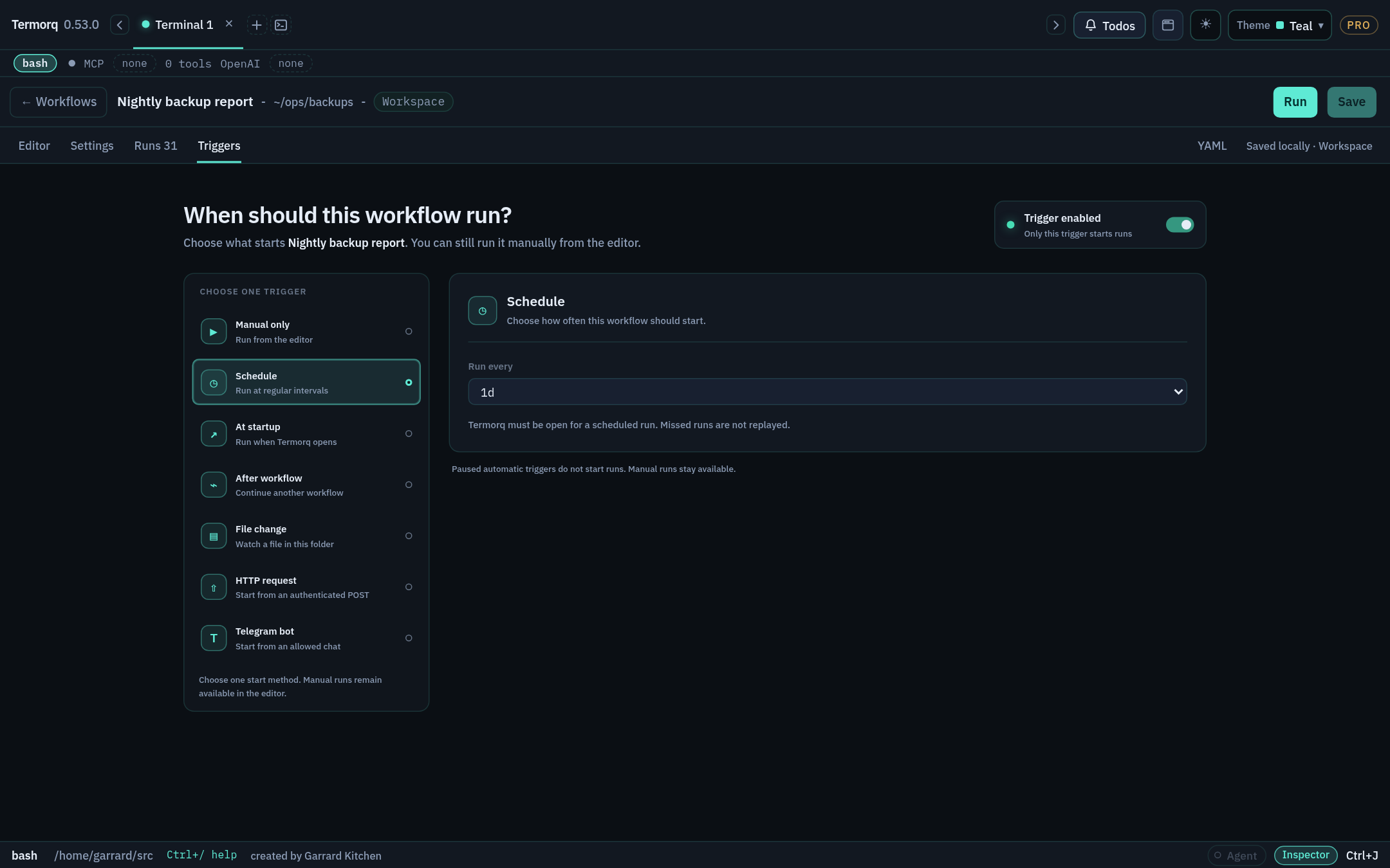 Single selected Schedule trigger in the Triggers page