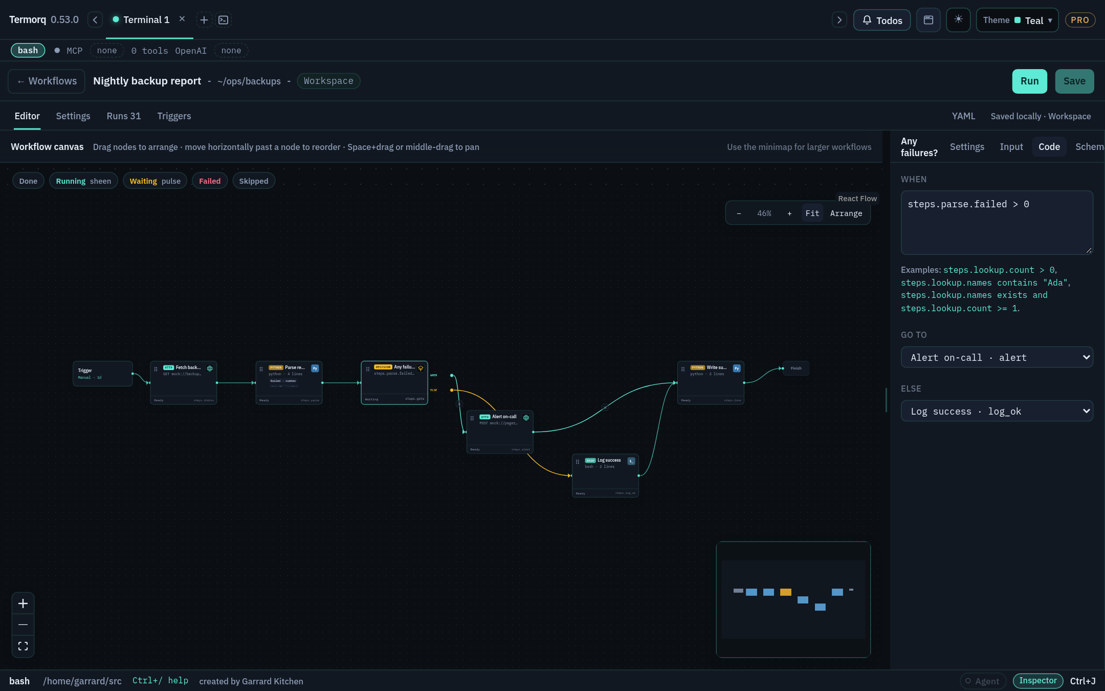 The Workflows editor. Screenshots are browser previews of the current Termorq designer with sample data; saving and execution need the desktop app. The Workflows editor in Termorq: a trigger, HTTP and Python blocks, and a decision with two routes